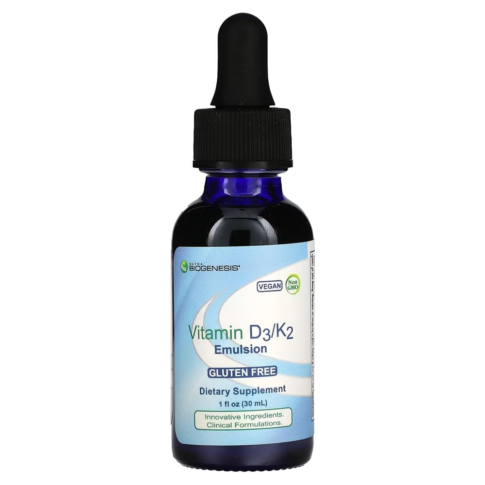 Nutra Biogeneză Vitamina D3/K2 Emulsie - picături de vitamina D lichid cu ulei MCT, D3 K2 Supliment pentru adulți și copii, picurător de ulei sublingual pentru femei și bărbați - 1 flacon Fl Oz (30 ml)