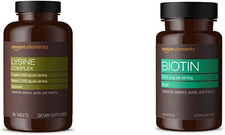 Elements Lysine Complex cu vitamina C (1500 mg L-Lysine cu 100 mg vitamina C per Serving - 3 tablete), Suportă Immune Health, Vegetarian, 195 Conte (Pachet poate varia) și Elemente Vegan Biotin 5000 mcg - Păr, Piele, Nails, 130 Capsule (4 lună de aprovizionare) (Pachet poate varia)