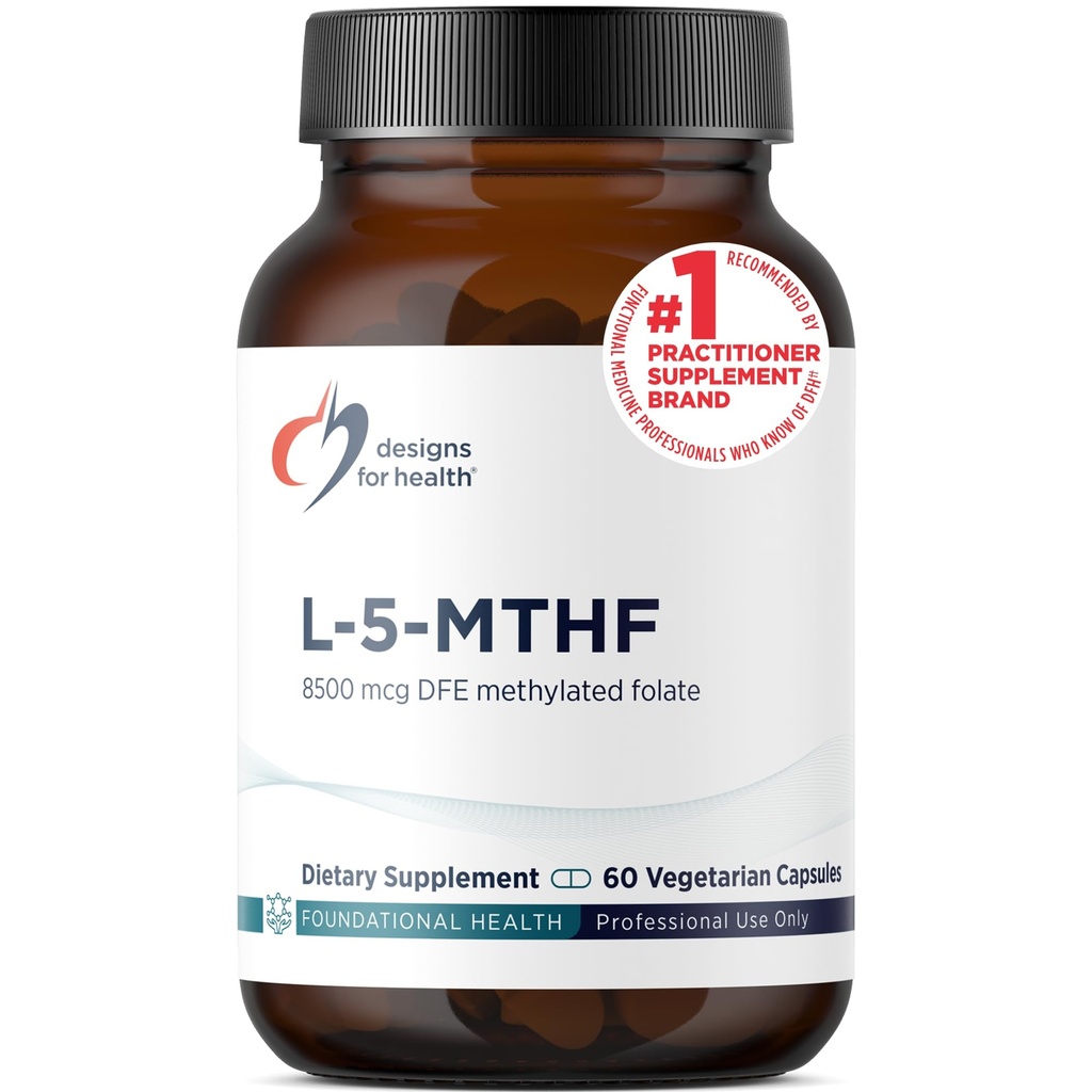 Design-uri pentru sănătate L 5-MTHF - Quatrefolic L Metilfolat Supliment 5mg (8500 DFE) - metilat Folat Supliment pentru femei si barbati - Sustine metilare - non-GMO, gluten gratuit (60 capsule)