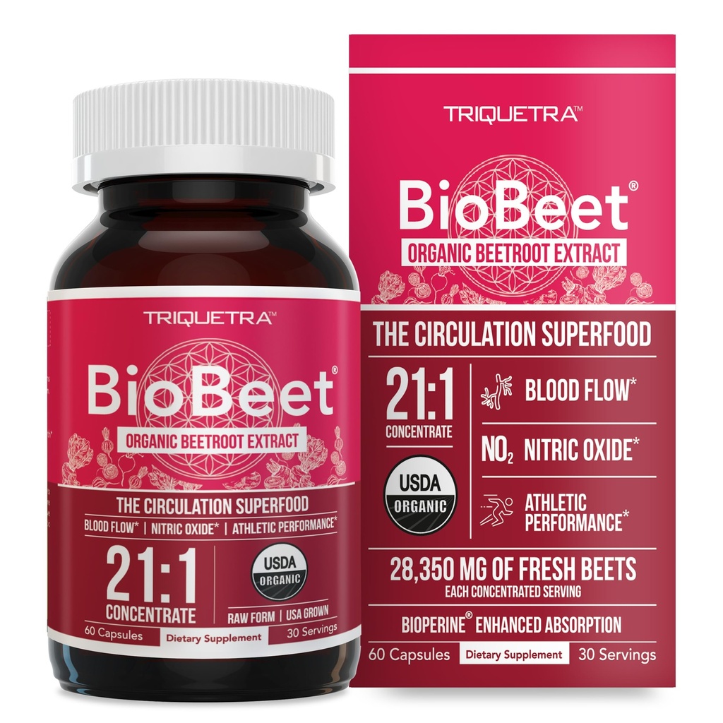 BioBeet® capsulele cu rădăcină de sfeclă max - 21:1 concentrat, fiecare servire derivată de la 28,350 mg de sfeclă organică - Îmbunătăţirea absorbţiei cu extract de piper negru BioPerine® (60 capsule)