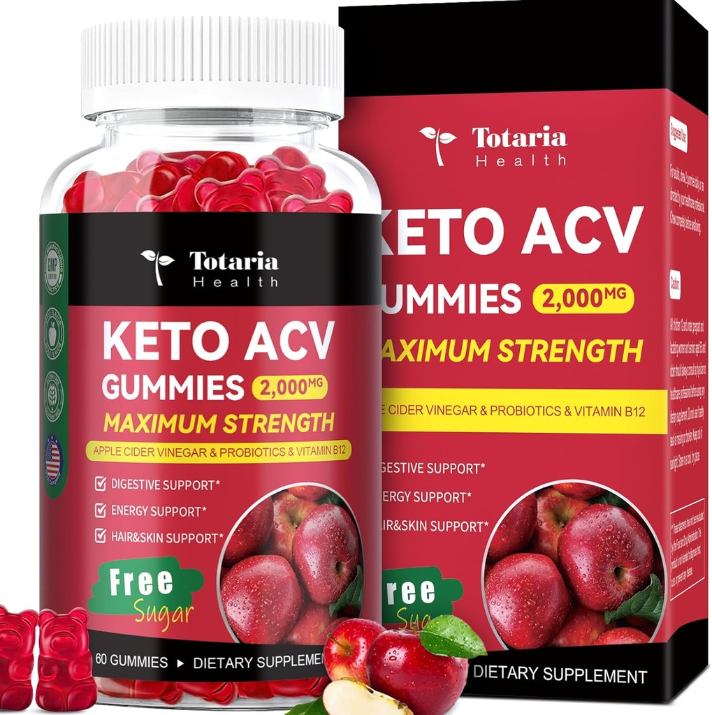 Totaria Keto ACV Gummies - 2000mg Apple Cider Otegar Gummies Statura de Sugar-Suport gratuit Sănătate cu Probiotice, B12, Keto Suplimente pentru Femei & Bărbaţi, 60 Conte