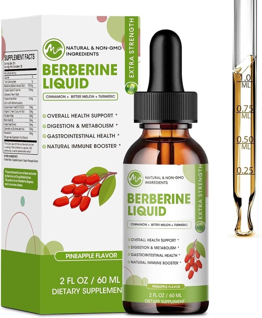 Berberine Supliment Picături lichide, Berberine cu Ceylon Scorțișoară, Turmeric, Resveratrol, Bitter Melon, & More-Extra Putere Supliment Vegan, Suporturi Sistem imunitar și sistem digestiv