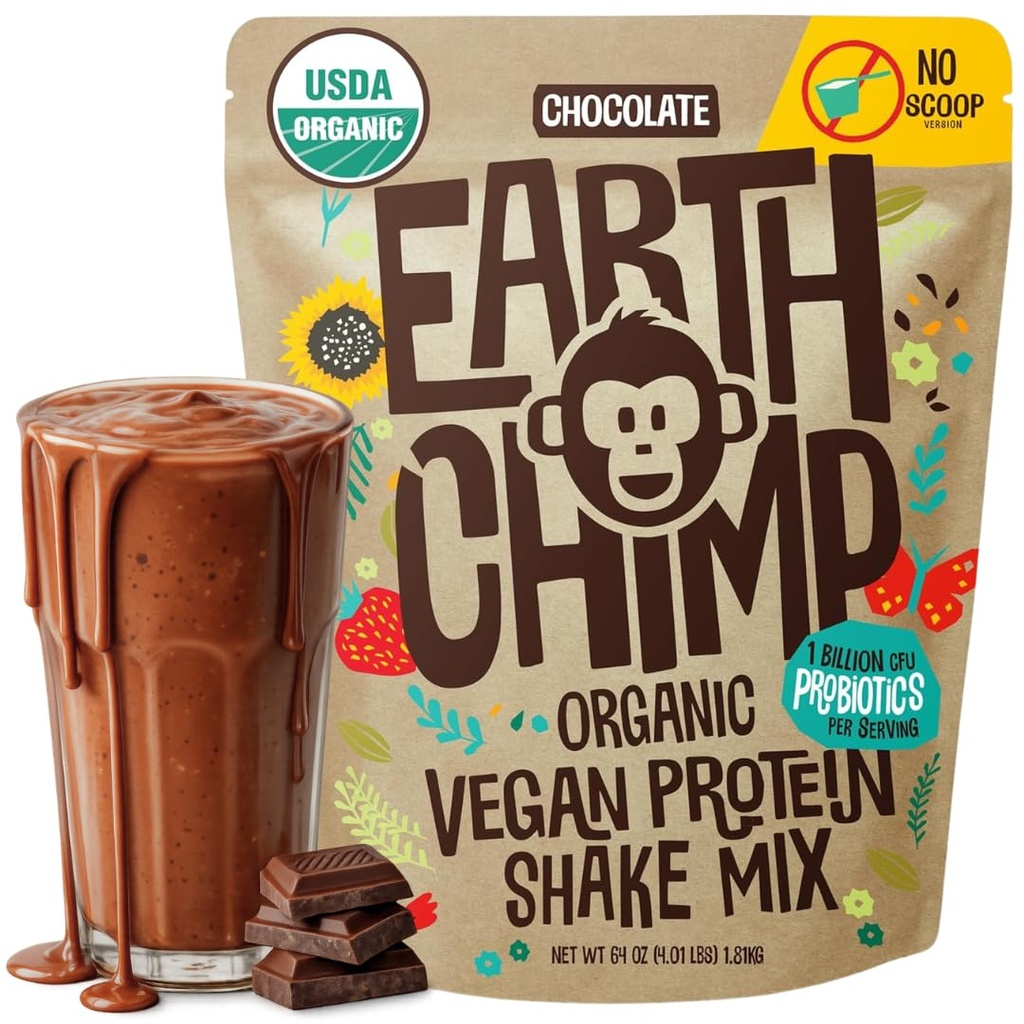 EarthChimp Organic Vegan Praf de proteine - cu Probiotice - non OMG-uri, lactate gratuit, non Whey, praf de proteine pe bază de plante pentru femei și bărbați, gluten gratuit - 52 Serviri 64 Oz (Chocolate) nr Scoop