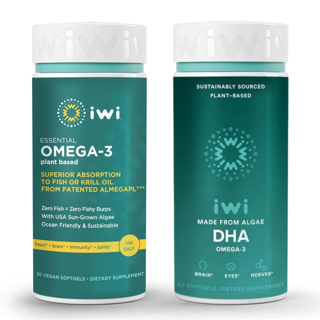 Iwi Omega-3 Essential & DHA Omega-3 Bundle, 30 Servings, Vegan-Based plante Algae Omega 3, Krill & Fish Oil Alternative, No Fishy Aftergust