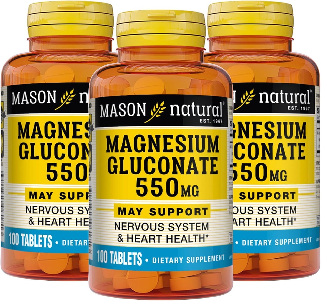 Mason Natural Magneziu Gluconat 550 mg, 300 zile de aprovizionare pentru normal sănătos inima si sistemul nervos de suport, 100 comprimate (Pachet de 3)