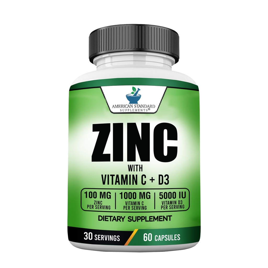 American Standard Supplements Zinc 100mg, Vitamina C 1000mg, şi vitamina D3 5000 UI (125mcg) Per Serving - Gluten Free, Non-GMO, 60 Capsule, 30 Servings