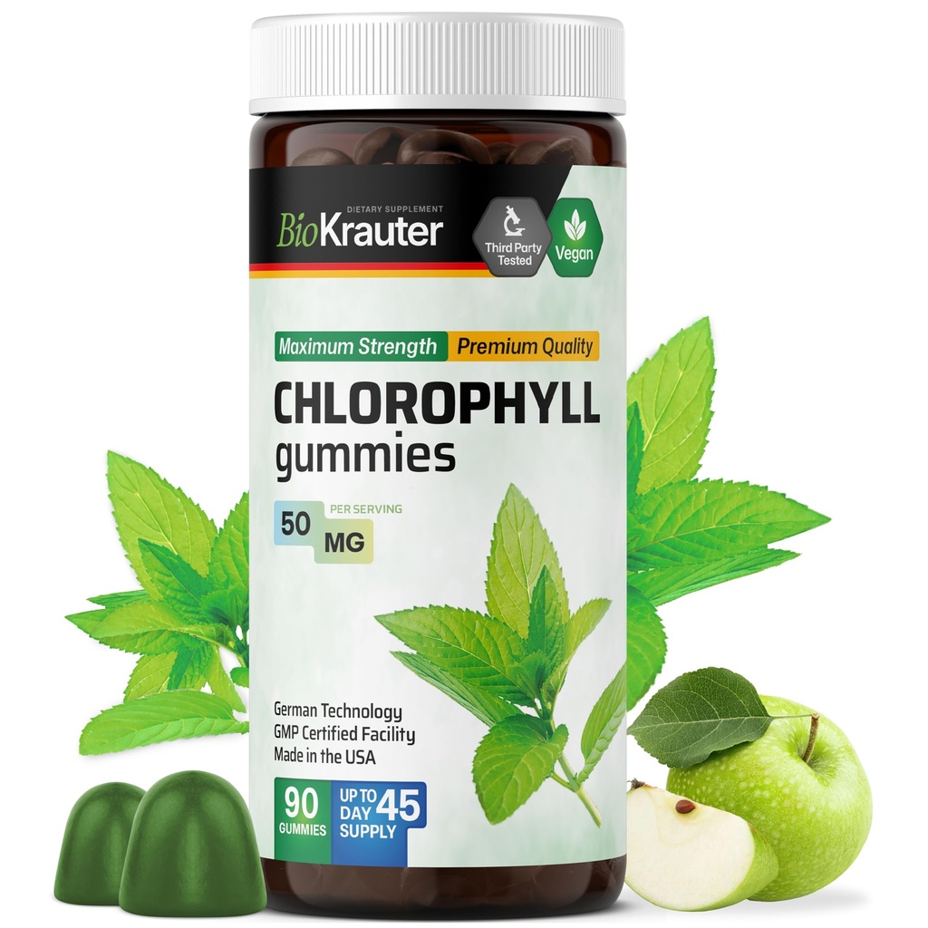 BIO KRAUTER Clorofile Gumiile - 90 Chews - Suplimente Clorofile - Suport Natural Skin & Detoxifiere - Vegan, Pe bază de Pectină, Chews non-GOMS
