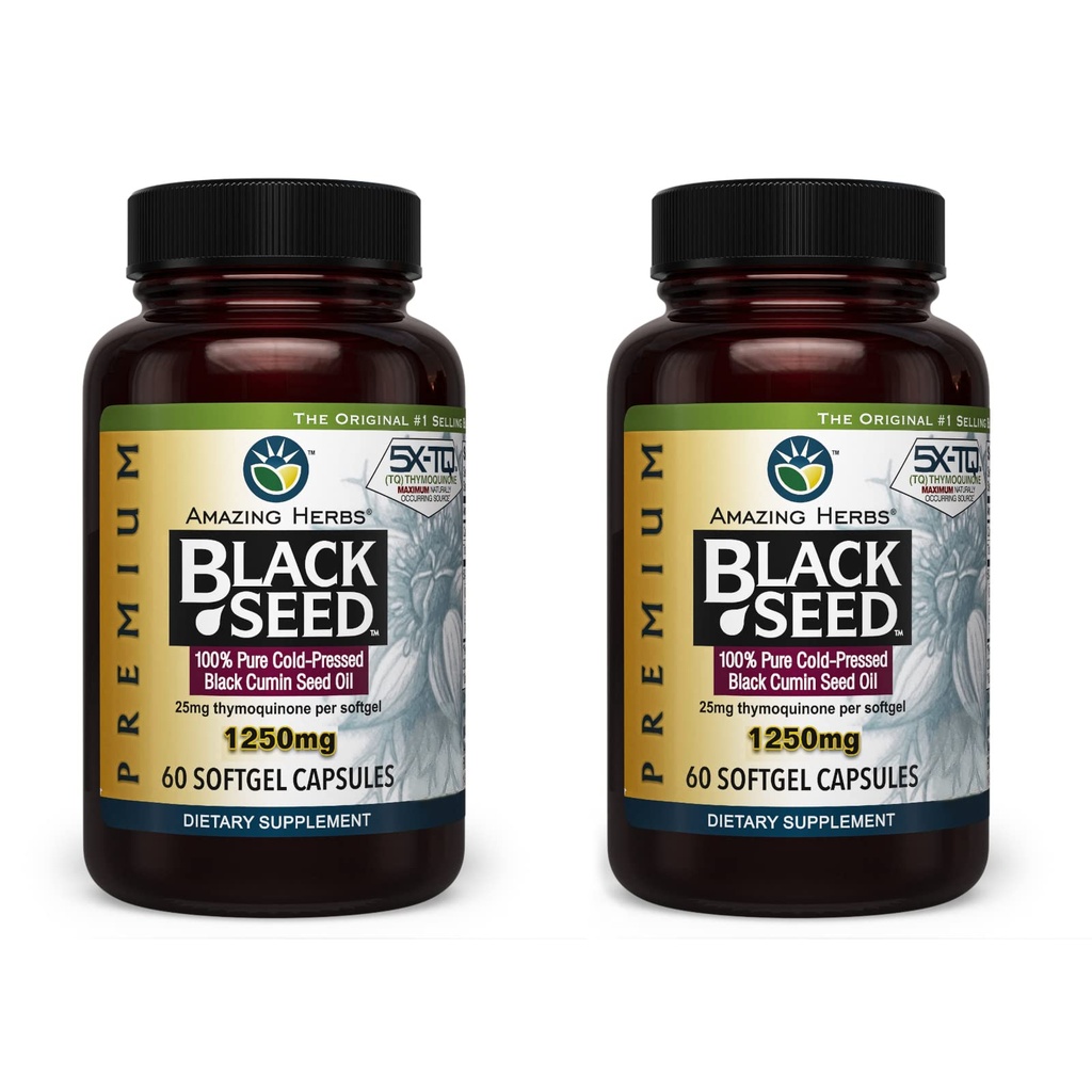Amazing Herbs Premium Black Seed Oil Capsule - Mare potenta, Cold presat Nigella Sativa SIDA în Digestive Health, Immune Support & Brain Function - 60 Conte, 1250 mg (Pachet de 2)