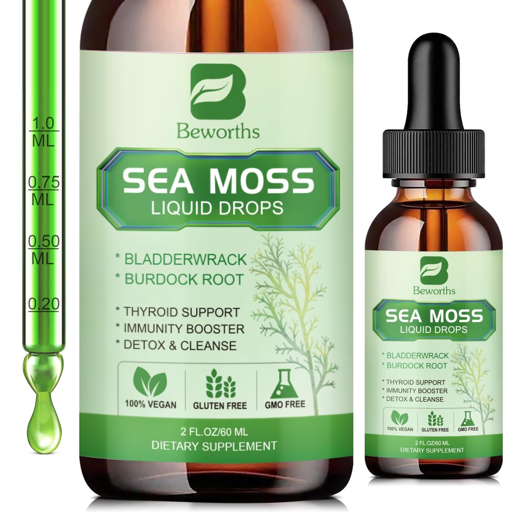 Sea Moss Picături lichide - Organic Irish Sea Moss Gel cu Spirulina, Bladderwrack, Brodock Root, Seamoss Gel Supliment pentru comun, Detox Cleanse & Digestion Support - 2 Fl Oz, Vegan