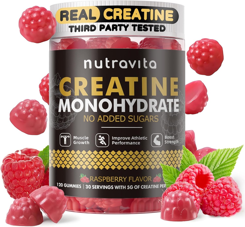 Nutravita Creatina Monohidrat Gume pentru bărbați și femei-5g de Creatină Monohidrat per Servire - Zahăr gratuit, Vegan, aroma de zmeură, 120 Conte