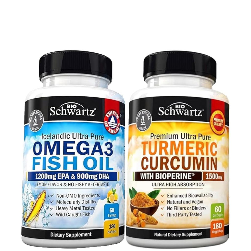 Putere triplă Omega 3 Softgels ulei de pește (2 lună de aprovizionare) Plus Curcumin Turmeric cu extract de ardei negru 1500mg Complex (2 lună de aprovizionare)