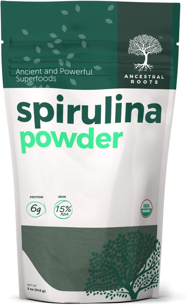 Rădăcini ancestrale - pulbere organică Spirulina (5 oz) USDA Certified Vegan Spirulina Powder I 100% Superfood pur pentru Optimal Health & Immune Support.