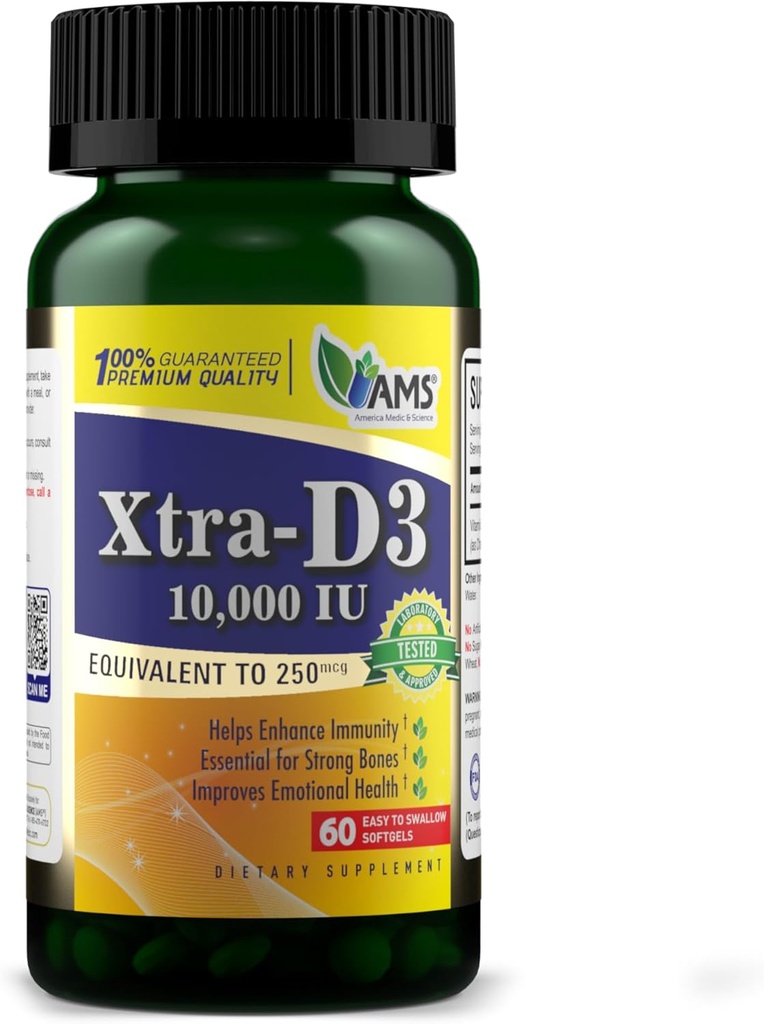 America Medic & Science Xtra D3 Vitamina D 10000 UI (250 mcg) Colecalciferol Supliment pentru bărbaţi şi femei (60 Easy to Swallow Softgels) Cel mai bun pentru Bone, Heart Health, Immune System Support, Lung Function
