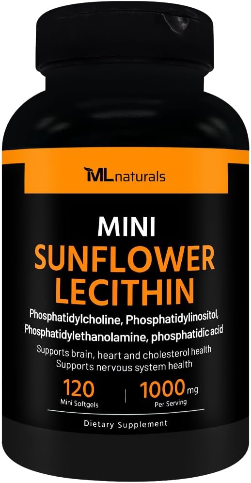 ML Naturale Mini Floarea-soarelui Lecitina 1000 mg 120 Softgels, ușor de înghițit, susține sănătatea creierului. NSF-Certified & cGMP-Compliant