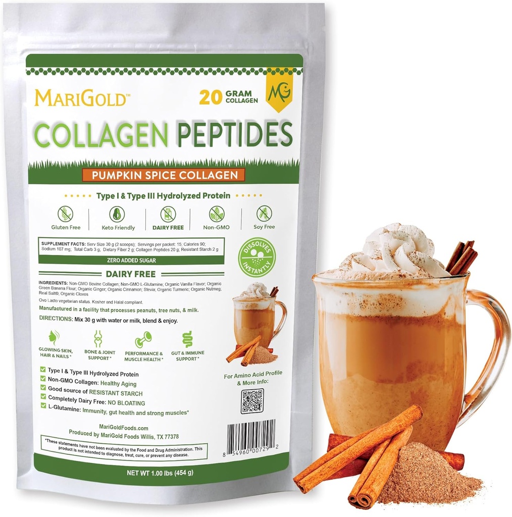 MariGold Grass-hred Colagen Peptides pulbere de dovleac Spice 1LB - 100% pur, Tip I & III bovine Hidrolyzed Colagen, non-GMO, Hormone Free, Soy Free, Gluten Free, Dairy Free, Keto-Friendly