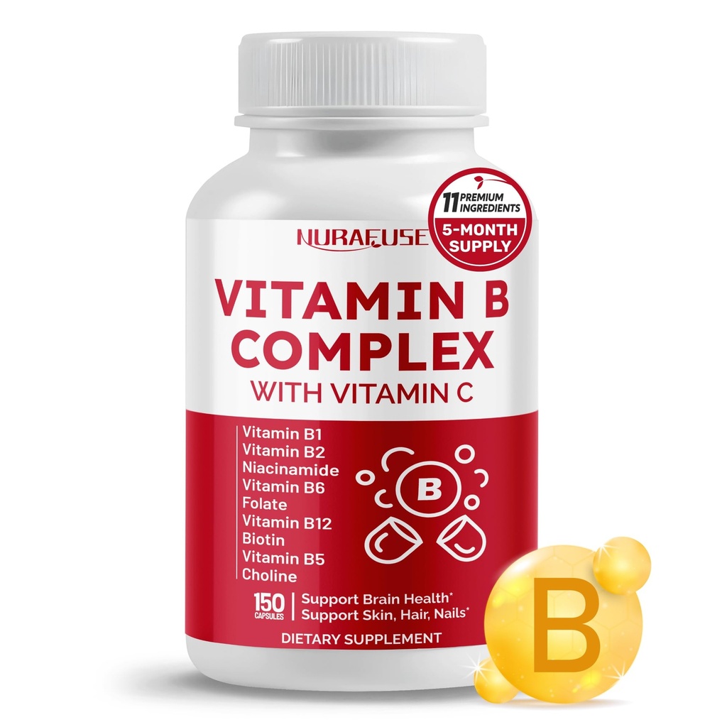 Vitamina B Complex Vitamina B1, B2, 6,9,12 Niacin, cu vitamina C - Suport de sănătate a creierului, Niveluri energetice, Piele, Păr, și unghii - Făcut și testat în Statele Unite ale Americii