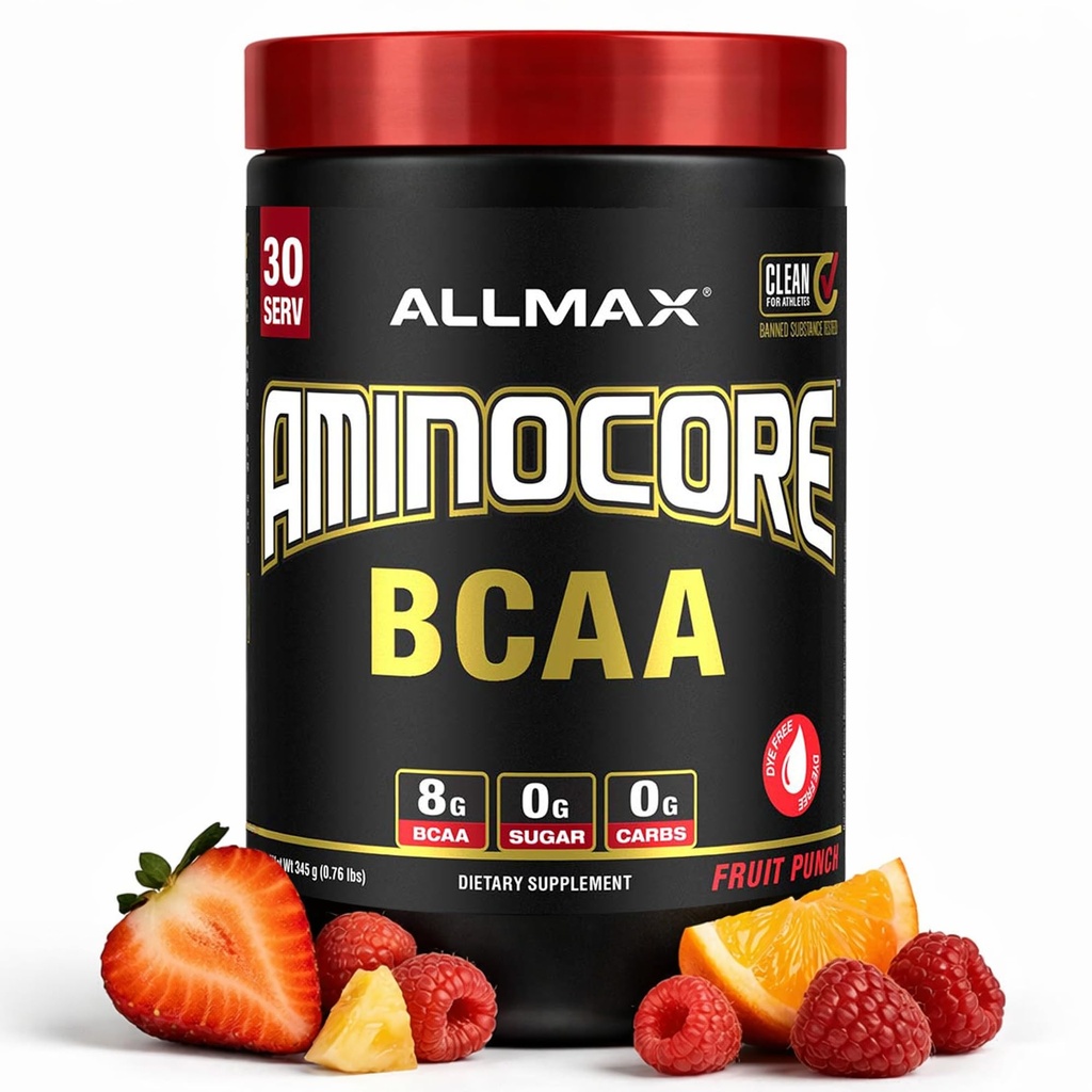 ALLMAX Nutritie AMINOCORE BCAA pulbere, 8.18 Grams de aminoacizi, Intra si Post Workout Recovery Drink, Gluten gratuit, fructe Punch, 315 g