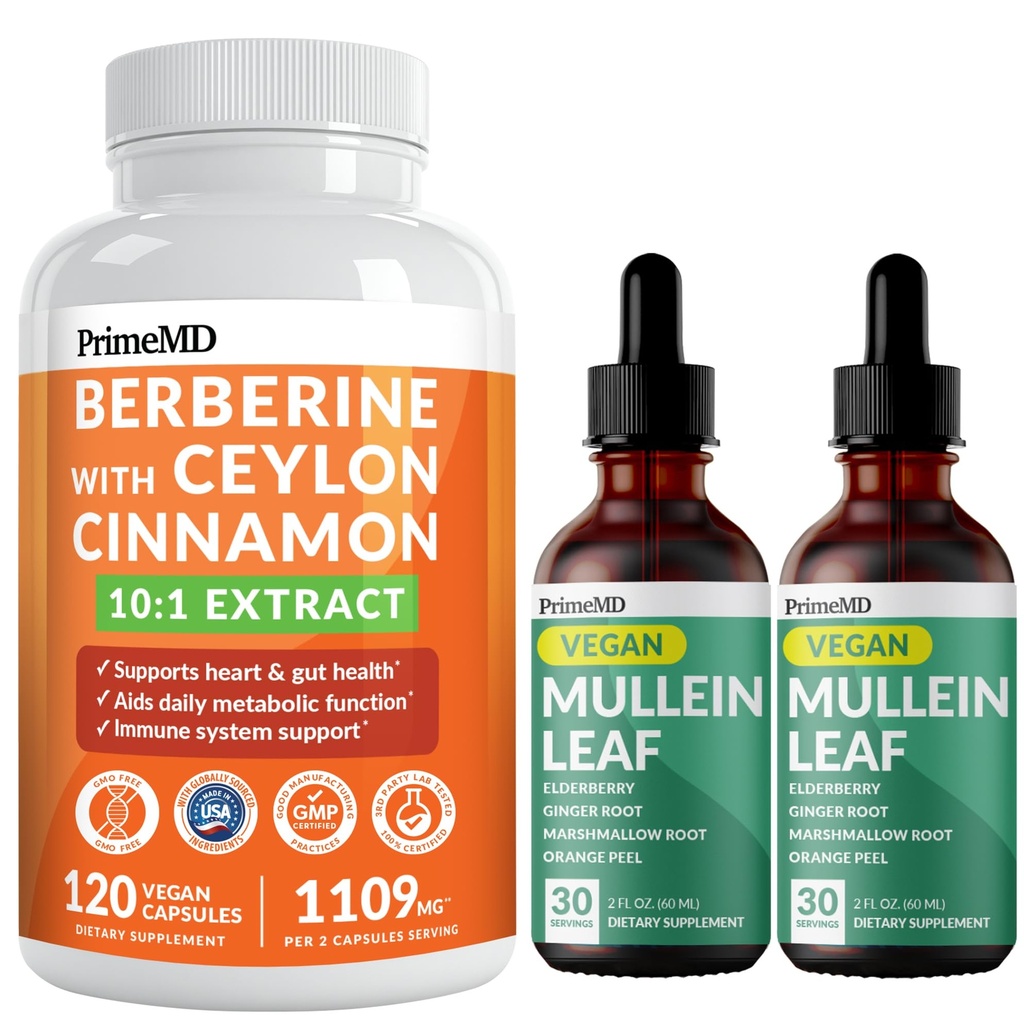 21-in-1 Berberine Supliment cu Ceylon Cinnamon Crom, Bitter Melon și extract de ceai verde (120 ct) & 5-in-1 Mullein picături pentru plămâni și respirație Lung Health & Bronhial Support (60 Servings)