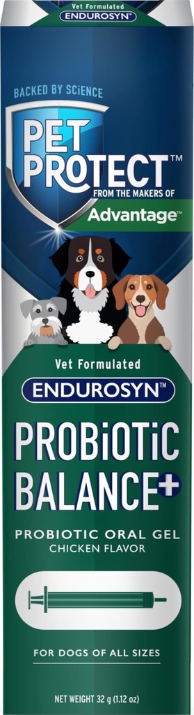 Pet Proteja caine Probiotic Balanta+ Gel oral, Endurosyn cu model Vet, Prebiotice si Probiotice pentru câini, 3-Day Supply, Chicken Flavor (32g)