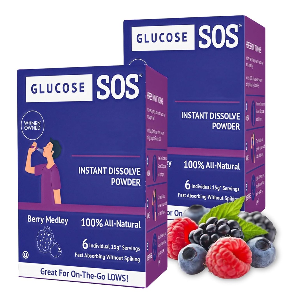 Glucose SOS Glucose Powder Packets with Natural Dextrose, Fast-Absorption That Instantly Dissolves in Your Mouth with No Water Needed, Berry Medley 12 Servings