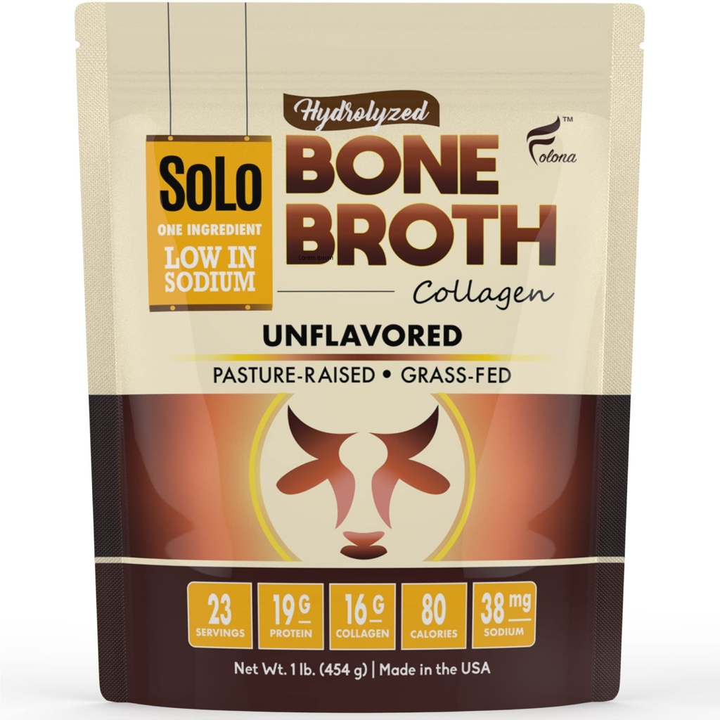 Solo Proteine de Broth Colagen Pulbere de sodiu scăzut, 16g Colagen hidrolizat de tip I & III, pentru piele sănătoasă, unghii, păr, articulații și digestia, iarbă Fed, 1 lb (Bag - Net Wt. 1 lb. pulbere)