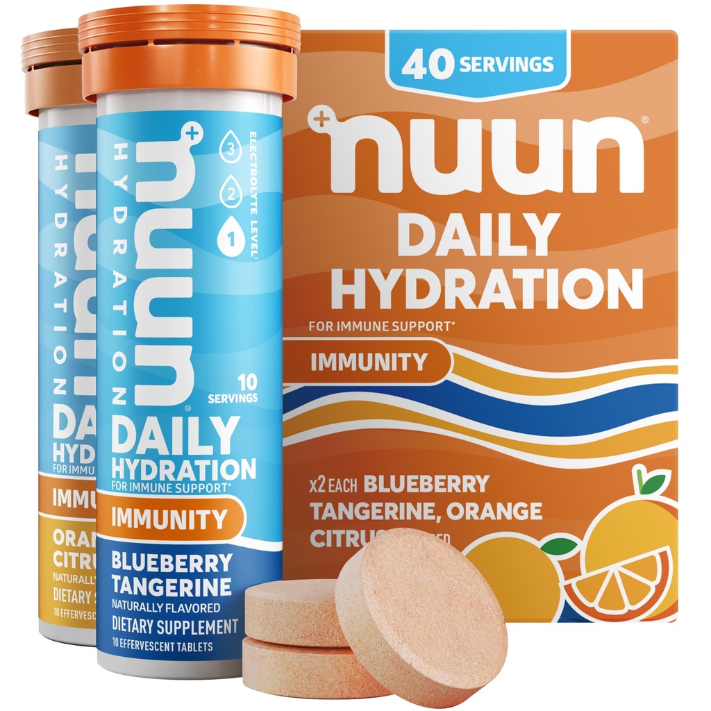 Nuun Imunity Electrolyte Tablets with Vitamina D, C, E, & A, Ginger, Elderberry, Magneziu & 4 Alte Electroliti esentiali, Vegan, Blueberry Tangerine & Orange Citrus, 4 Pack (40 Serviri Total)