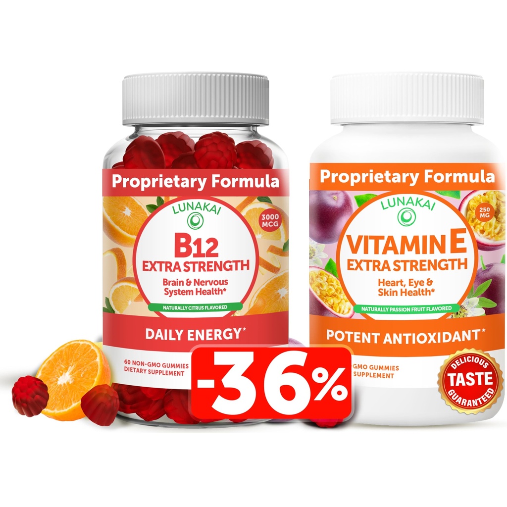 Lunakai Vitamina B12 și vitamina E Gummies Bundle - 3000 mcg Gumies pentru adulți Suport energetic și sănătatea osoasă - 250 mg 1000 ui Natural VIT E Plus C Suplimente