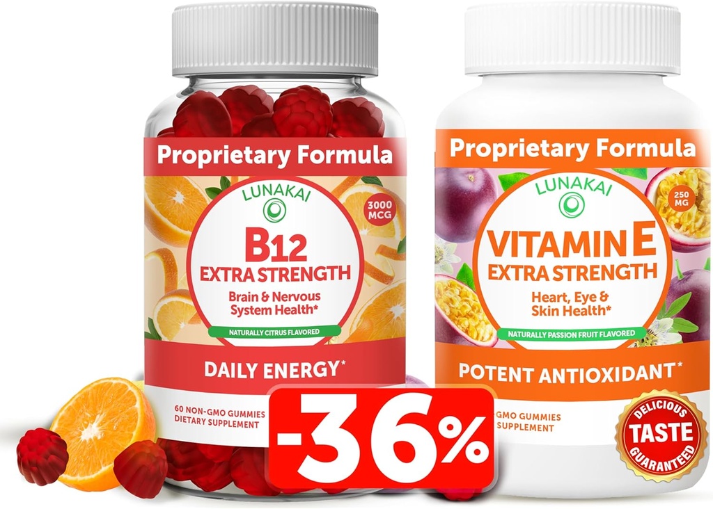 Lunakai Vitamina B12 și vitamina E Gummies Bundle - 3000 mcg Gumies pentru adulți Suport energetic și sănătatea osoasă - 250 mg 1000 ui Natural VIT E Plus C Suplimente