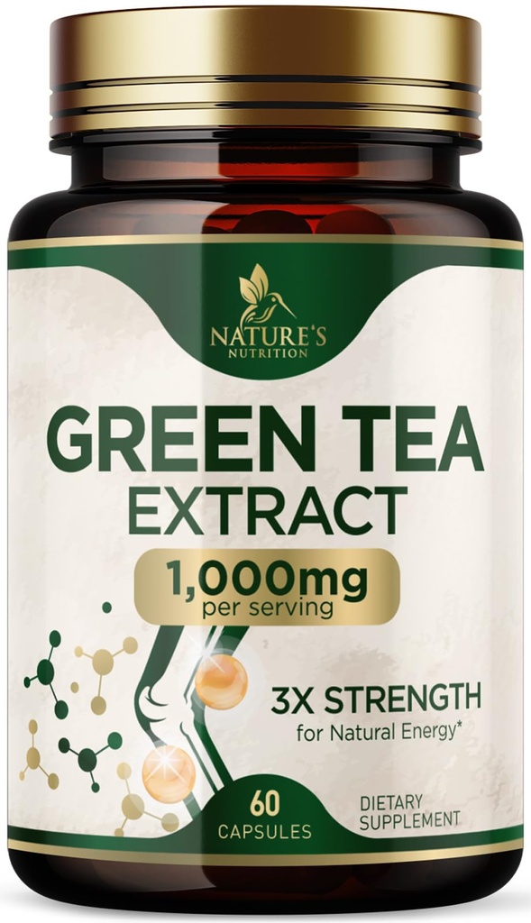 Capsule de extract de ceai verde 1000 mg - Standardizat 45% EGCG & 98% Polifenoli - 3X Putere Pastile de ceai verde pentru energie naturala - Suporturi Heart Health, Herbal Supplement, Vegan, Non-GMO - 60 Capsule