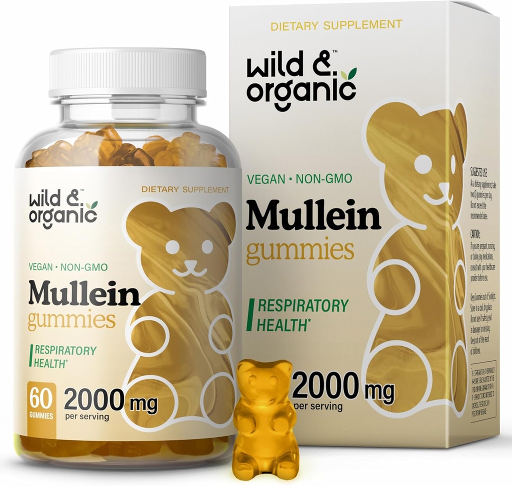 Gume sălbatice și organice pentru plămâni 2000mg - Lung Detoxifiere și Cleanse - Gume Vegan Mullein Leaf pentru sprijin imun - 60 Chews extract de plante non-GMO