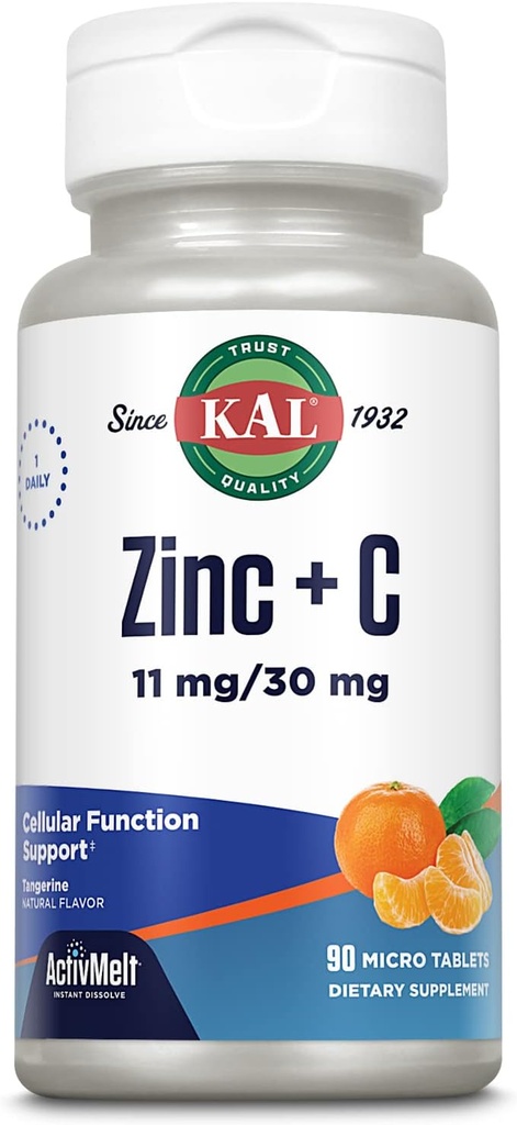 KAL Zinc Plus C, Distilare instantanee Vitamina C şi Zinc, Funcţie Cellulară şi Suport Imun, Absorbţie optimă, Aroma Naturală Tangerine, 60 zile Money-Back Garanţie, 90 Serviri, 90 Micro Tablete