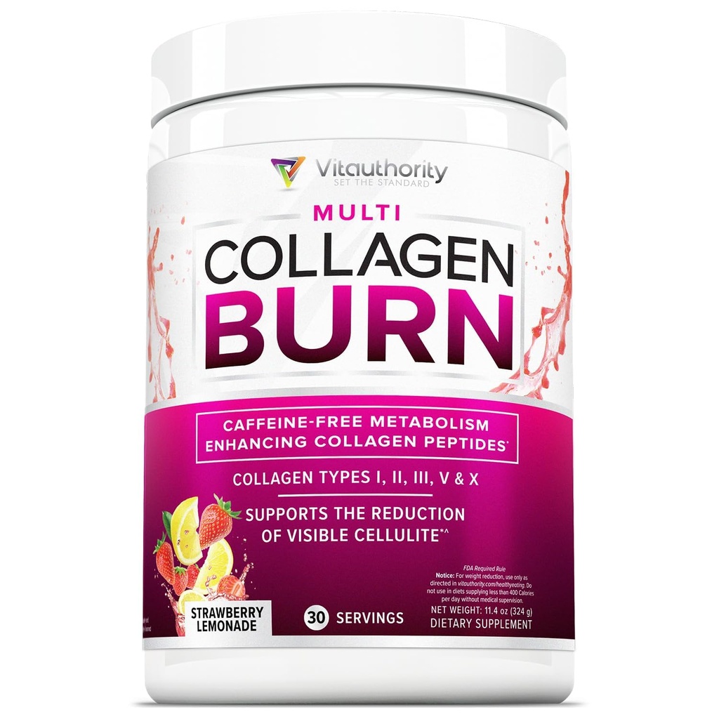 Multi Colagen Burn: Hidrolized Proteine Peptide cu acid hialuronic, vitamina C, SOD B Dimpless, Tipurile I, II, III, V și X, Cafeina-Free Lemonade aromă 30 Serviri