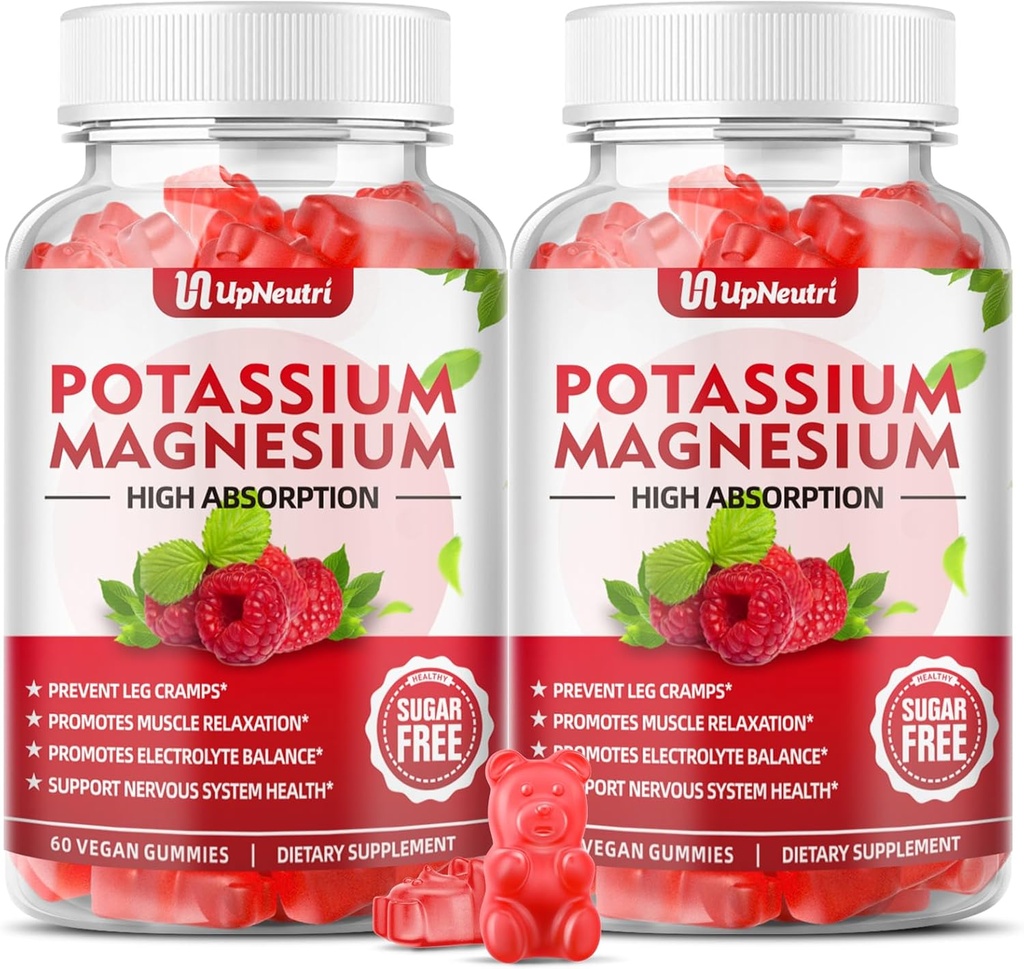 Gume de magneziu de potasiu Supliment pentru adulți Copii, Gume de potasiu fără zahăr Suportă cramps picior și sănătatea imunitară, Gume de magneziu de înaltă absorbție Aroma de zmeură 120 Cts