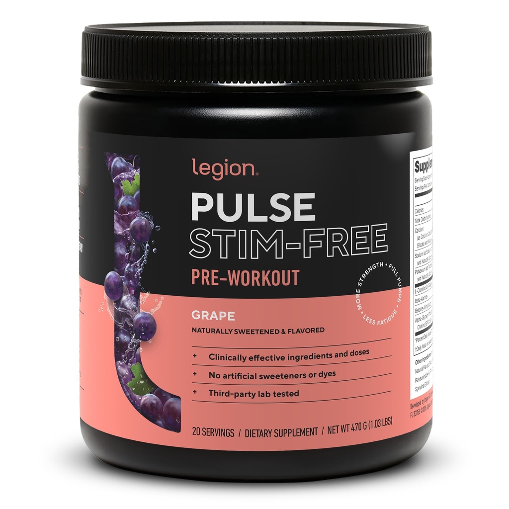 LEGION Pulse Pre Workout Supliment - All Natural Nitric Oxid Preworkout Drink to Boost Energy, Creatine Free, Natural Sweetened, Beta Alanine, Citruline, Alpha GPC (Cafeina Grape)