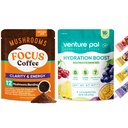 Venture Pal Mushroom Coffee & Electrolyte Powder Bundle: 12 in 1 Cafea cu Ashwagandha & Sugar-Free Electrolyte Packets pentru Focus, Imunitate, Hidratare & Recovery - 40 Serviri & 16 Sticks