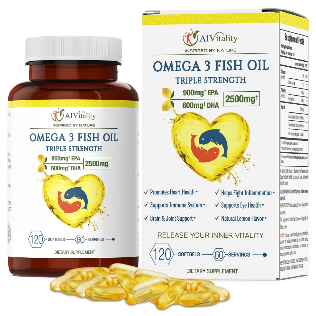 Omega 3 Triple Putere EPA Suplimentul DHA - 2500 mg Lemon ulei de pește Burpless - Potență mare 900mg EPA 600mg DHA susține circulatia, creierul, inima, ochi, piele, oase și articulații - 120 Softgels