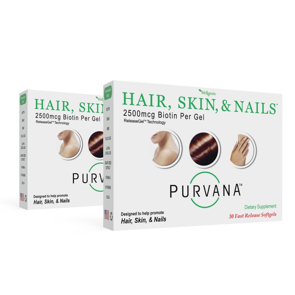 Wellgenix Purvana Păr, Piele, și unghii Vitamina - Softgels pentru absorbție ridicată - Dublu Putere 2500mcg Biotina, VIT A & B (30 Conte) (Pachet de 2)