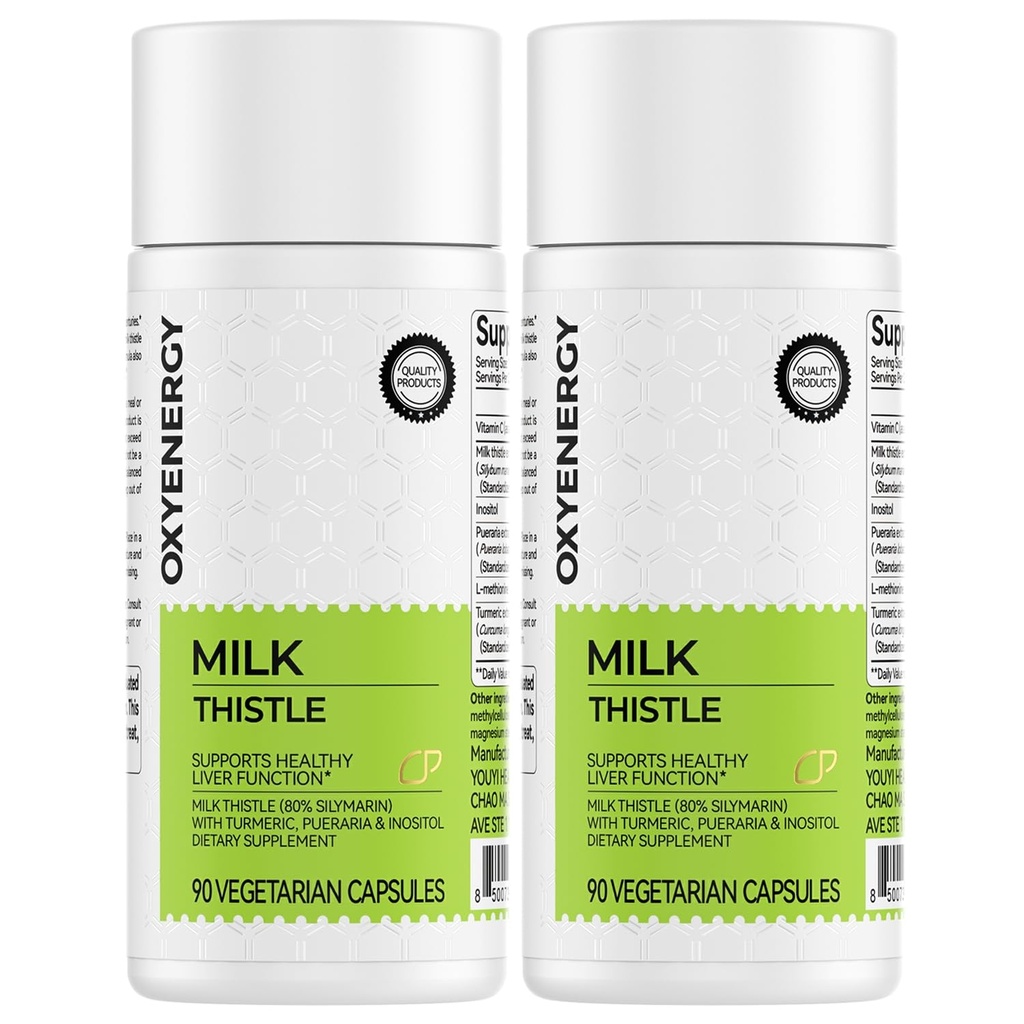 OxyEnergy Silymarin Milk Thistle 300mg Extract cu vitamina C, Inositol & Pueraria, Dezintoxicare hepatica & Suport de reparare, Suport antioxidant,90 Capsule,Pachet de 2