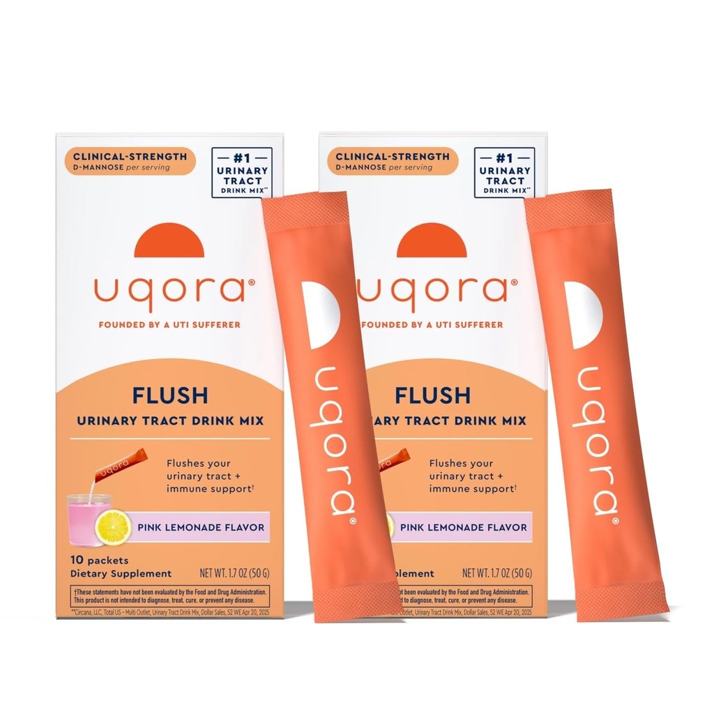 Uqora Flush - Tract urinar * cu D- Manoză, vitamina C, vitamina B6, potasiu, magneziu și calciu - Gluten-Free & Vegan - Aromă de lămâie roz - 20 Pachete (2 ambalaj)