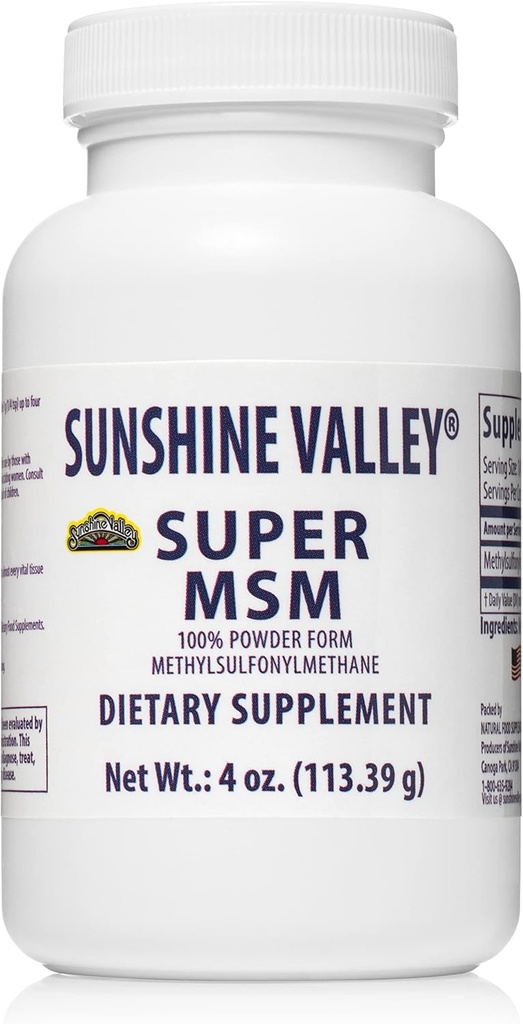 Sunshine Valley® Super MSM Supliment - Metilsulfonilmetan MSM Cristale Pulbere pentru suport comun, Nails, Hair & Skin Health - 100% pulbere pura, Nearomat, Supliment alimentar - 4 oz
