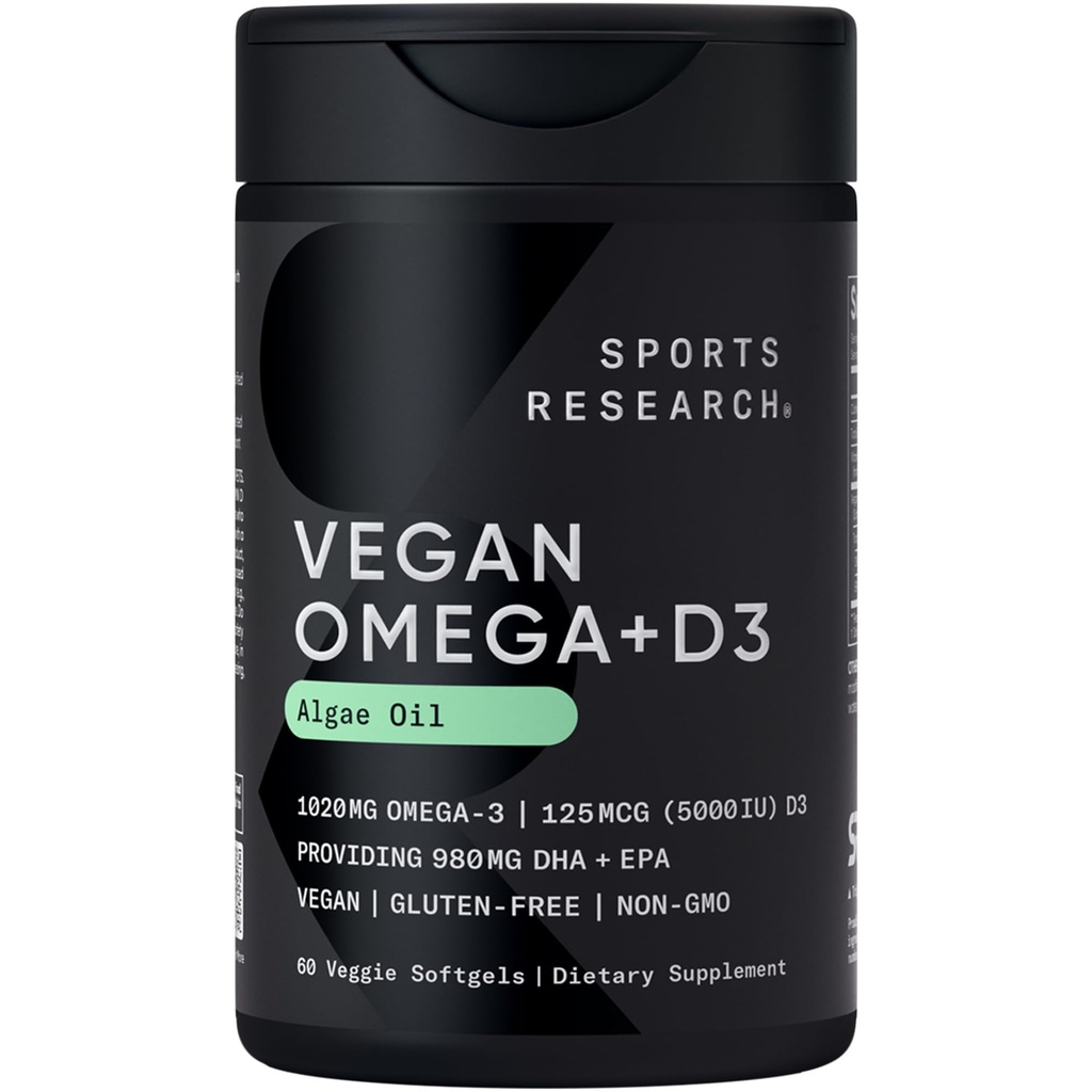 Cercetare sportivă Vegan Omega-3 cu vitamina D3 Softgels - 1020mg Omega-3 & 5000iu D3 Supliment - Ulei de pește Alternative cu vitamina D de bază de plante de ulei de alge - 60 Veggie Softgels pentru adulți