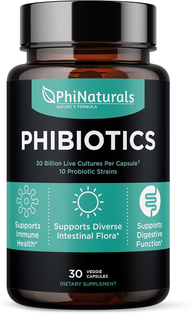 PhiNaturals Probiotice de mare potenta 10 tulpini 30 miliarde CFUs [30 capsule Vegan] pentru femei si barbati Digestive Gut Health - Lactobacillus Acidophilus Salivarius Rhamnosus Bifidobacterium Probioticos