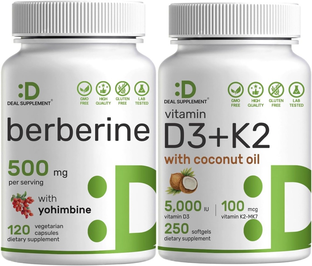 Suplement DEAL Vitamina D3 5000iu + K2 100mcg Softgels & Berberine Supliment cu Yohimbine Bundle 