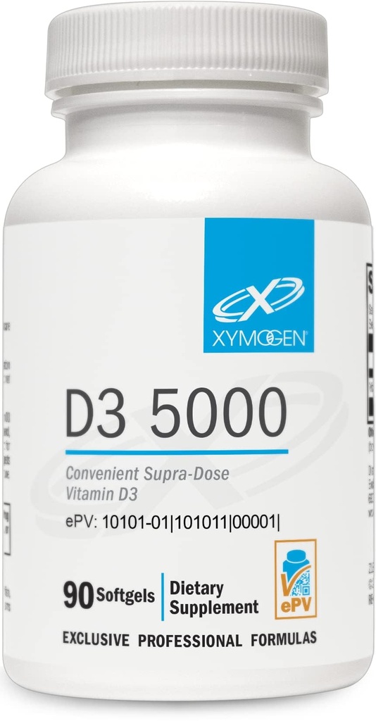 XYMOGEN D3 5000 - Vitamină biodisponibilă D3 5000 UI (125 mcg) - Supliment de vitamina D de înaltă potenţă pentru a sprijini sănătatea imună, sănătatea osoasă + a inimii (90 Gelatină Softgels)