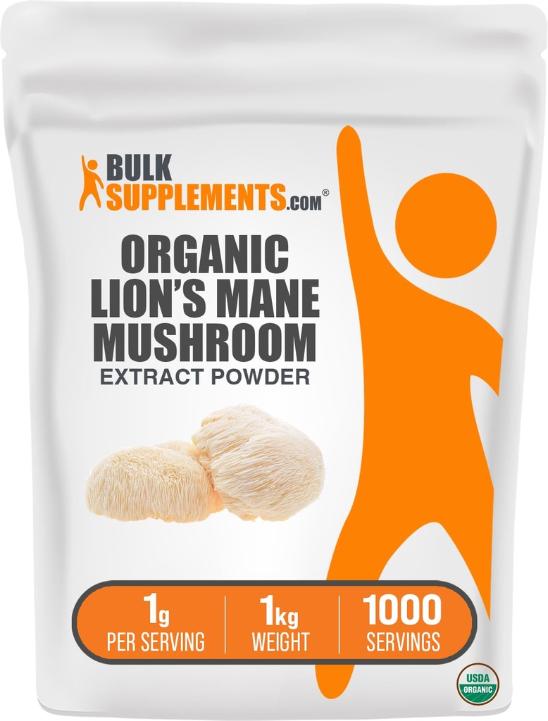 BulkSupplements.com Organic Lion's Mane Extract praf - Lions Mane Suplimentul pulbere, Lion Mane Extract - Mushroom Supliment, 1000 mg per Serving, 5kg (11 lbs) (Pachet de 5)