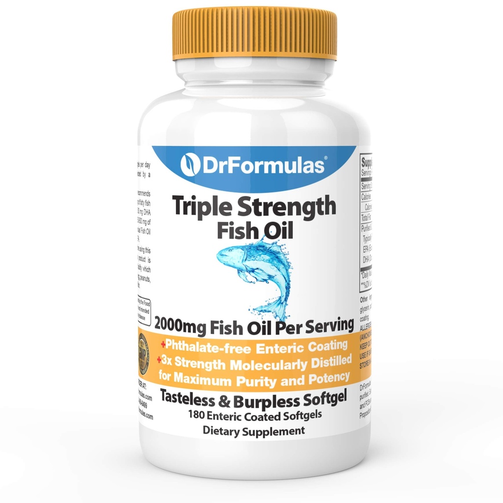 DrFormulas 2000mg Omega 3 ulei de pește cu EPA și DHA, 180 Softgels Burpless