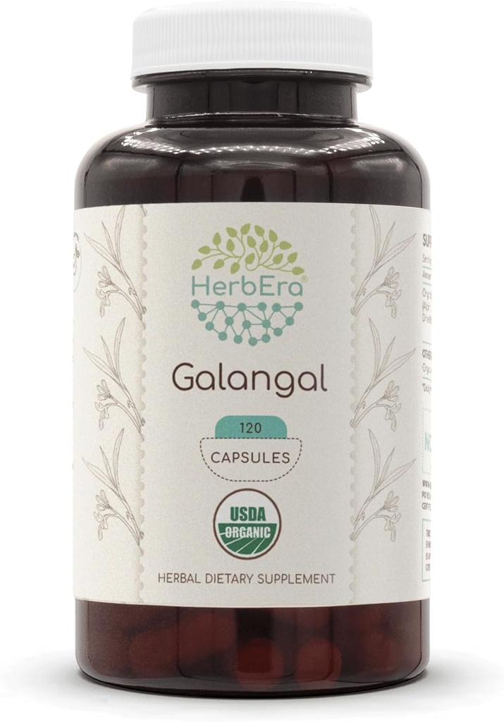 HerbEra Galangal 120 Capsule, 500 mg, USDA Organic Galangal (Alpinia Galangal) Rădăcină uscată (120 capsule)