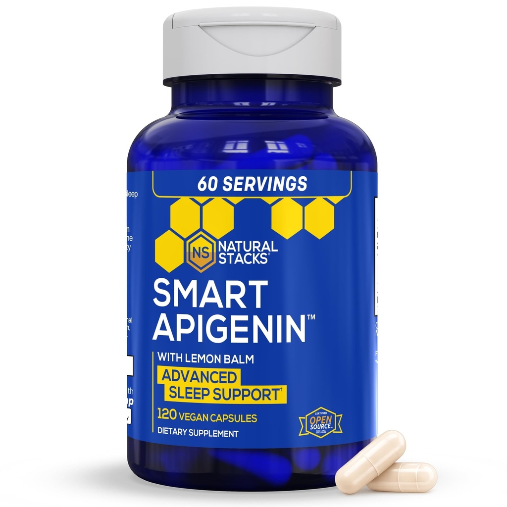 Natural STACKS Apigenin Supliment pentru somn - 50mg Apigenin & 600mg Lemon Balsam - Melatonina Ajutor de somn gratuit - cu extract de flori de pasiune pentru suport de stres * - 120 Lemon Balm Capsule