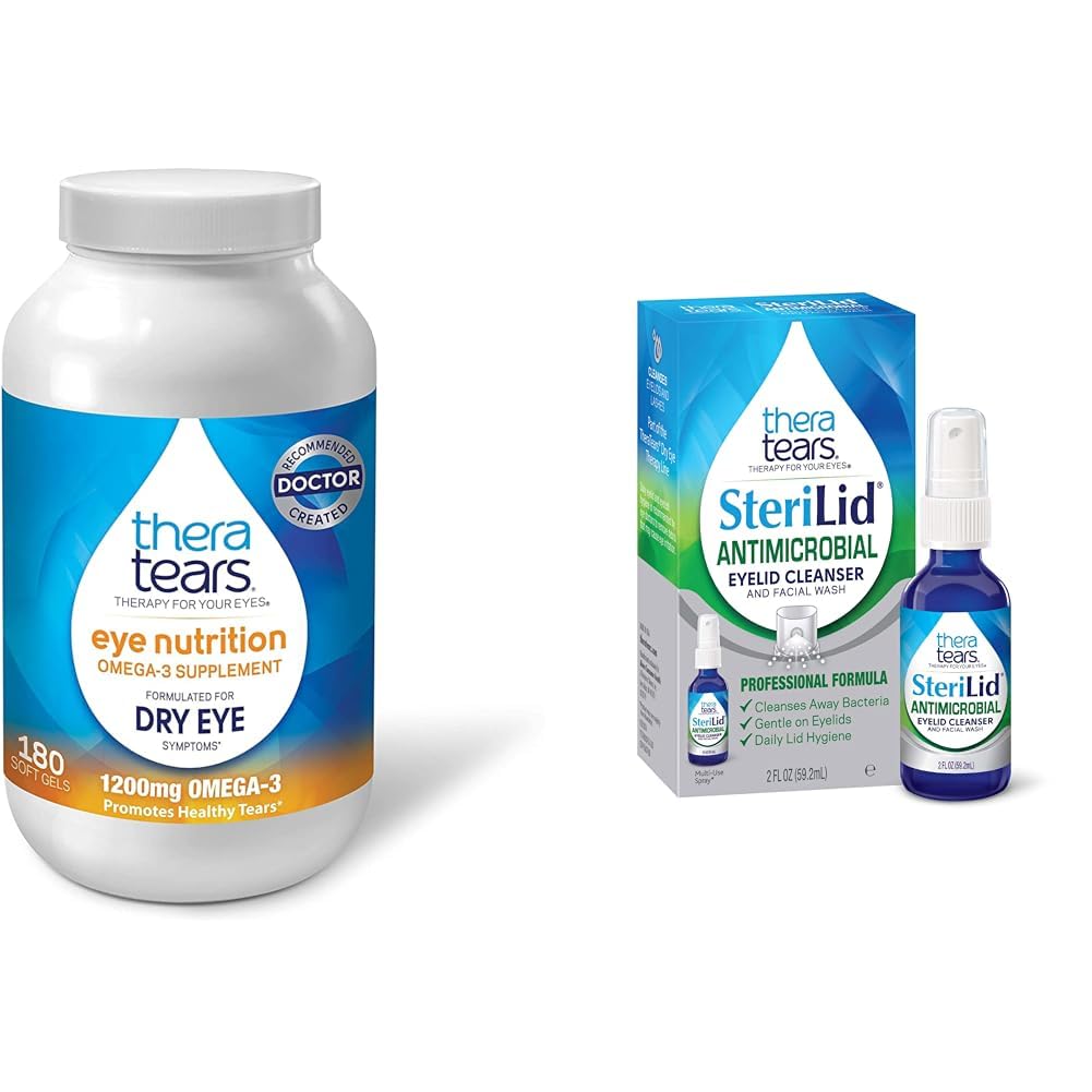 TheraTears 1200mg Omega 3 Supliment pentru Nutriție Ochi, Seminte organice Trigliceride Ulei de pește și vitamina E, 180 Conte & SteriLid Eleid Cleanser și spălarea feței, pentru ochii iritați, 2 fl oz Spray