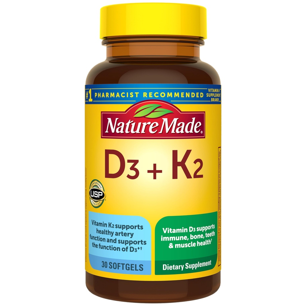 Nature Made Vitamina D3 K2 Supliment, 5000 UI (125 mcg) Vitamina D pentru os, dinți, suport muscular și imun, 30 D3 și K2 Softgels, 30 zile de aprovizionare